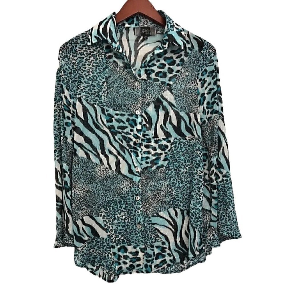 Slinky Brand ladies Blue leopard silky top button down Bell Sleeve Sheer SZ S